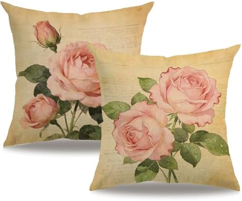 7COLORROOM Decorative Romantic Rose Flower Pillow Cover Vintage Shabby Chic Peach Pink Rose Floral Cushion Cover Square Cotton Linen Pillowcase for Sofa Bedroom Car 20x20 Inch Set of 2