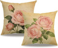7COLORROOM Decorative Romantic Rose Flower Pillow Cover Vintage Shabby Chic Peach Pink Rose Floral Cushion Cover Square Cotton Linen Pillowcase for Sofa Bedroom Car 20x20 Inch Set of 2