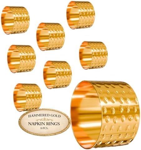 8 Pcs Gold Napkin Rings, Hammered Metal, Reusable, 1.75 x 1.1 Inches