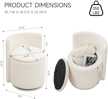 MINCETA Vanity Chair with Storage, 360° Swivel Accent Chair, Off White