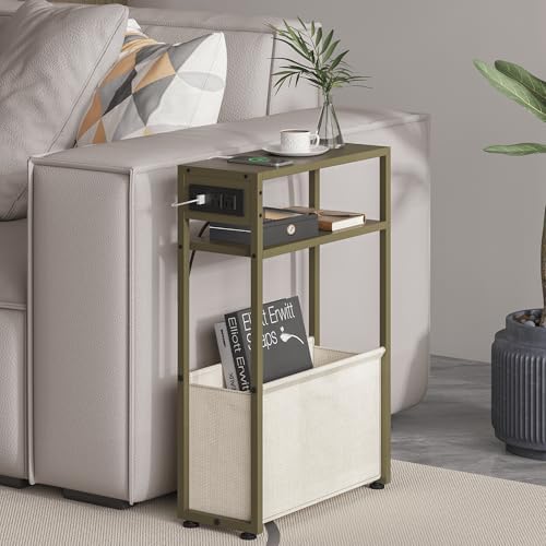 Leomonio Narrow Side Table, Slim Night Stand with Magazine Rack