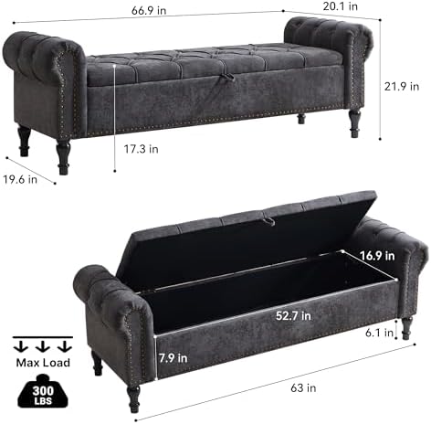 Storage Bed Bench for Bedroom, Chenille 67" End of Bed King Size Benches with Armrest, Tufted Button Upholstered Ottoman Bench for Living Room, Entryway, Charcoal Grey