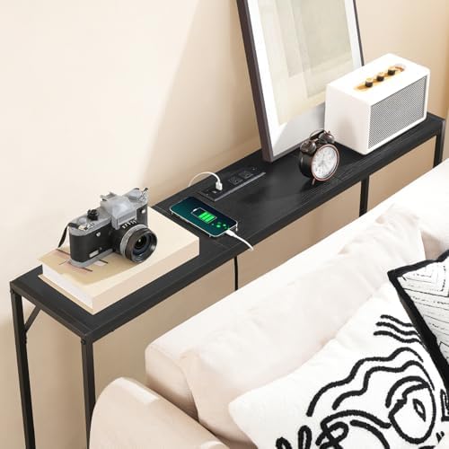MAHANCRIS 43.7”Console Table with Outlet, Narrow Sofa Table with Charging Station, Entryway Table with Display Shelf, Behind Couch Table, Long Sofa Side Table, Living Room, Hallway, Black CTHB112E01