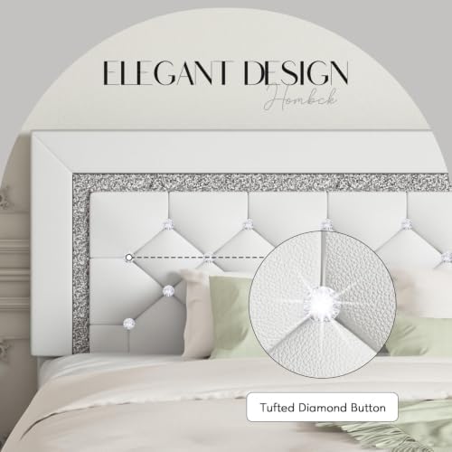 HOMBCK Full Size Bed Frame with Headboard, Diamond Tufted Design, White