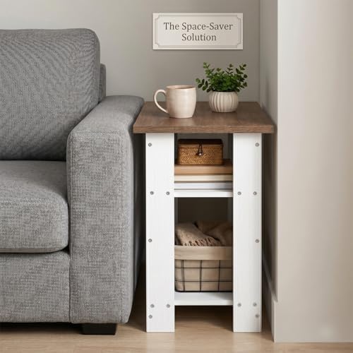White Side Table with Oak Top, 3 Tier Farmhouse End Table, 22.8" H