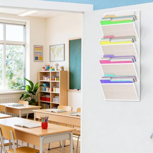 Over the Door File Organizer - Hanging Wall Mounted File Folders Storage with 4 Extra Large Pockets for Home, 0ffice, Classroom, Chart Papers, Files, Letters, Planner, Documents, Magazine Book