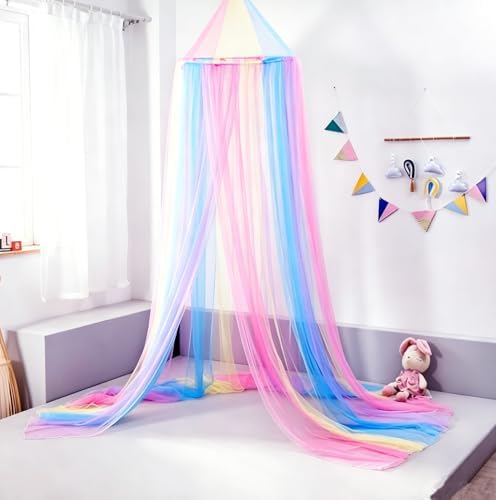 Rainbow Bed Canopy with Lights - Girls Room Bed Netting for Twin, Single, Full, Queen Size Beds - Reading Corners Room Décor