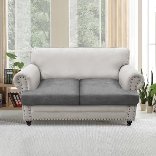 T Cushion Loveseat Sofa Cover Leather-Look 2PC Stretch Sofa Seat Cushion Slipcover Individual Couch Seat Covers with Elastic Bands, Pet-Friendly, Non-Slip, Easy Fit - Grey
