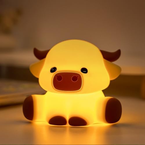 Cute Highland Cow Rechargeable Night Light, LED Touch Silicone Lamp for Bedroom with 7 Colors Timer and Dimmable Squishy Warm Night Lights, Novelty Animal Lamp for Nursery Birthday Gift