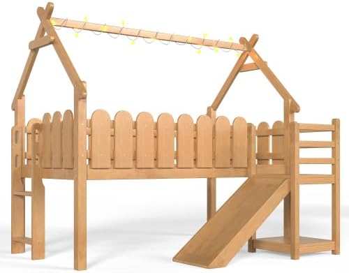 Bellemave Low Loft Bed Twin with Slide and Lights Strip for Kids, Natural