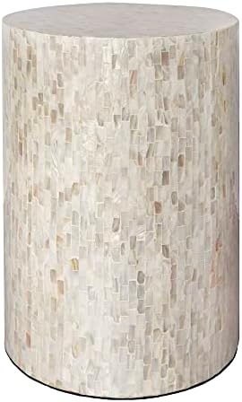 PEMAR Mother of Pearl Cylinder Drum End Table Nacre Side Stool Round Accent Table Coffee Bedside Nightstand and Vanity Stool 13" Diameter x 19.3" High Pearl White & Cream