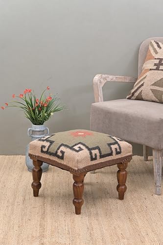 Handmade Jute Ottoman Stool with Wooden Legs | Square Upholstered Foot Rest & Accent Seating | Woven Vanity Stool for Living Room, Bedroom, Hall & Home Décor (Beige-Grey, 40X40X35 CM)