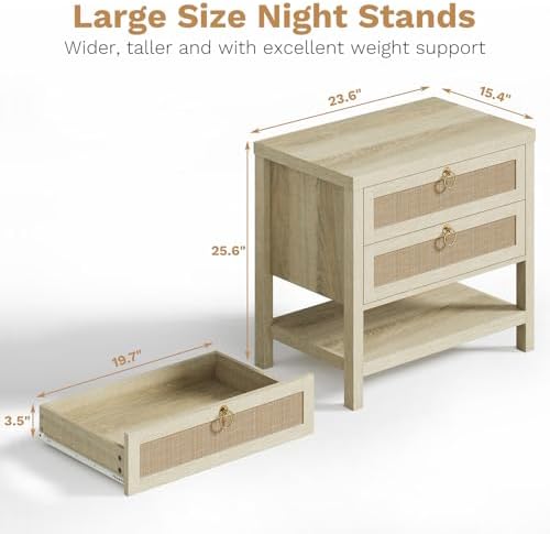 Eclatara Large Rattan Night Stand with 2 Drawers and Storage Shelf
