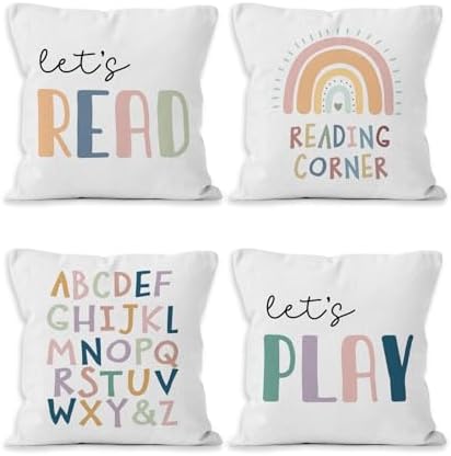 Kids Throw Pillow Covers 18x18, Let's Read Play English Alphabet Rainbow Decorative Pillow Covers for Kids Nursery Reading Corner Room Nook Playroom, Classroom Accent Pillows Cover Set of 4