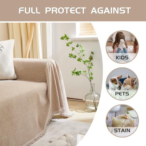 MEETSKY Sofa Cover Couch Covers for 2 Cushion Couch Sofa, Washable Couch Cover Blanket with Tassel for Living Room Sectional Sofa Slipcovers for Dogs Large Couch Protector, 71" x 118", Khaki