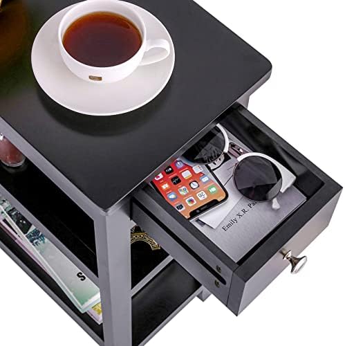 SEJOV Narrow Side Table, Small Black End Table with Drawer and 2 Shelves