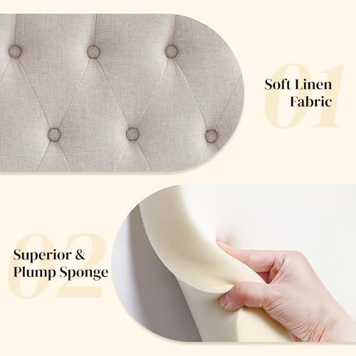 Kingfun Tufted Upholstered Queen Size Bed Headboard in Modern Button Design, Adjustable Solid Wood Head Board, Premium Linen Fabric Padded Headboards in Bedroom (Beige, Queen)