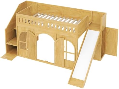 SOFTSEA Twin Size Kids Loft Bed with Slide and Storage Stairs, Natural