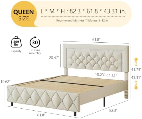 Lullabyre Queen Size Bed Frame with Headboard, Faux Leather Bed with Diamond Tufted Design, Bed Frames Queen with Wood Slats Support, No Box Spring Required, Easy Assembly, Cream