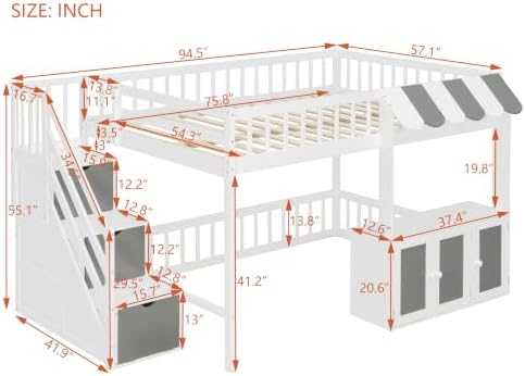 LUMISOL Full Size Loft Bed with Storage Steps and Under Bed Cabinets, Playhouse Loft Bed Frame with LED Light, White+Gray