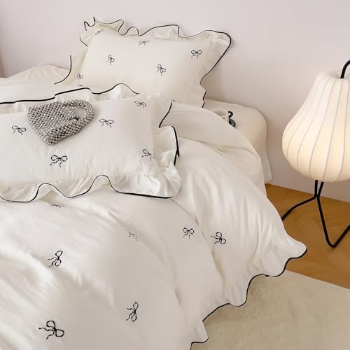 Cream White Bow Duvet Cover King Romantic Princess Style Bedding Set, Lightweight Soft Bowknot Duvet Cover with Zipper Closure, Embroidery Bow Bedding Ruffled Comforter Cover with 2 Pillowcases