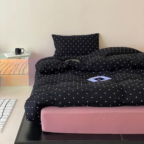 Polka Dot Twin XL Duvet Cover, 3 Piece 100% Cotton Jersey Knit Black Comforter Cover, Soft Modern Aesthetic Minimalist Bedding Set with Zipper & Corner Ties