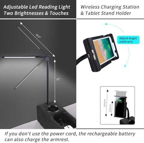 Sofa Armrest with Cup Holder, PU Leather Multifunctional Couch Arm Rest Insert, Removable Couch Caddy with Storage, Equipped with LED Reading Light & Wireless Charge Stand