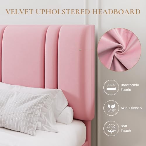 SHA CERLIN King Size Velvet Bed Frame with Adjustable Headboard, Pink