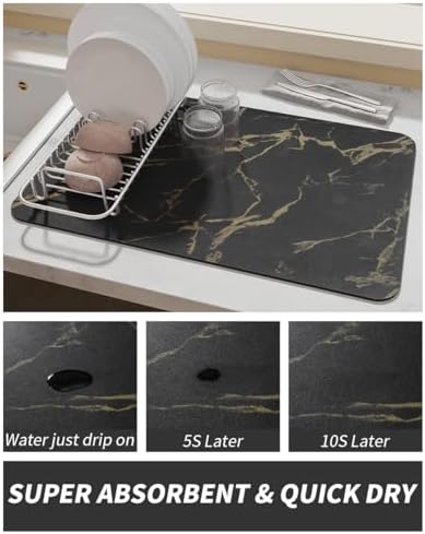 AMOAMI Coffee Mat Hide Stain Rubber Backed Absorbent Dish Drying Mat for Kitchen Counter-Coffee Bar Accessories, Black & Gold, 17"X31.5"