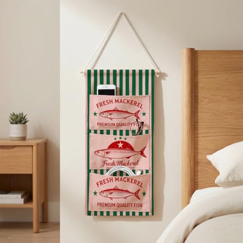 IAXIC Canvas Wall Hanging Organizer with Pockets Fish Extender Hanging Pouch Vintage Mackerel Door Closet Organizers Fabric Storage Pockets Wall Decoration