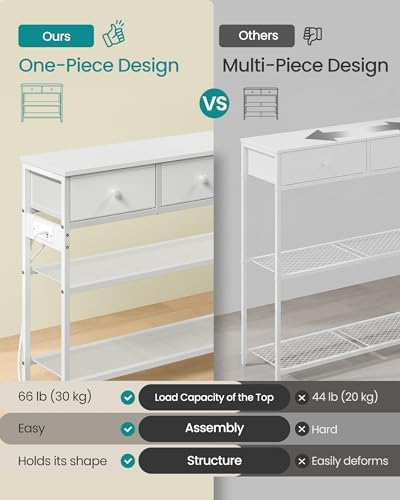 SONGMICS Console Table with Power Outlets and LED Lights, 3 Fabric Drawers