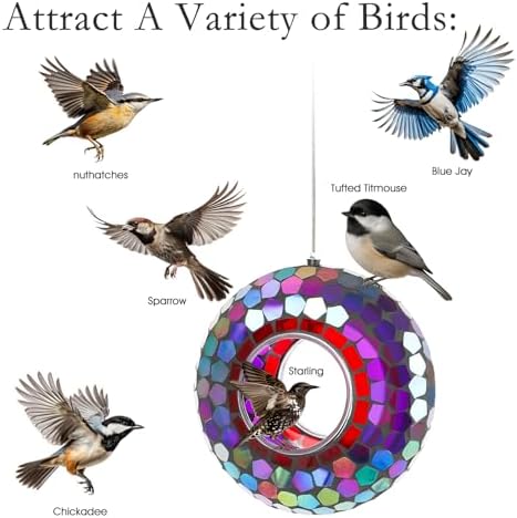 6 Inch Mosaic Glass Fly Through Bird Feeder for Outdoors, Purple