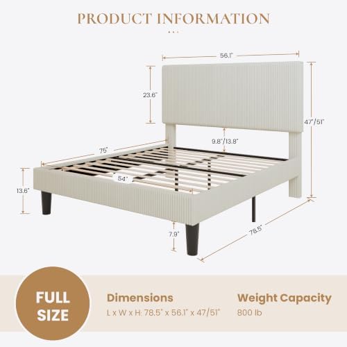 SHA CERLIN Full Platform Bed, Adjustable Tufted Corduroy Headboard, Cream
