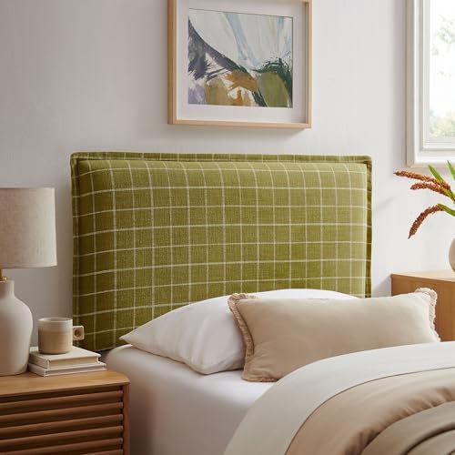 Modway Camille Twin Size Checkered Linen Blend Plaid Headboard with Removable Slipcover – in Artichoke Windowpane Check - Padded Pillow Style Headboard with Adjustable Mounting for Twin Beds