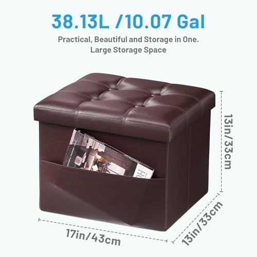 Bsketa Storage Ottoman Bench,17 Inch Folding Leather Foot Rest Stool, Brown