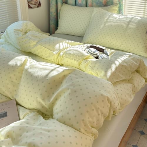 Green Polka Dot Duvet Cover Twin Size 3 Pcs,Muslin Bedding 68"×86"