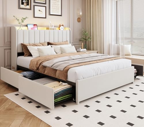 Full Bed Frame with 4 Drawers and Storage Headboard, Upholstered Platform Bed Frame Full Size with Led Lights and Handy Charging Station, No Box Spring Needed, Easy Assembly, Noise Free, Beige
