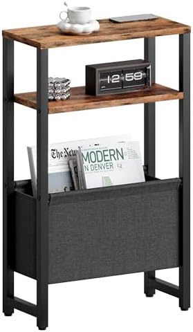 Narrow Side Table, Slim End Table with Magazine Rack, Skinny Bedside Table for Small Spaces, 3 Tier Sofa Couch Table Nightstand for Living Room, Bedroom, Rustic Brown LET503R