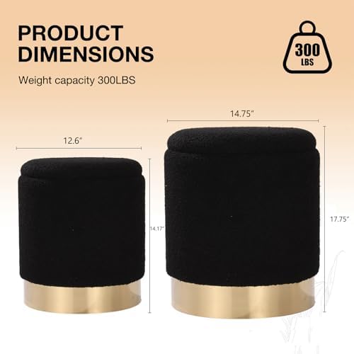 Round Ottoman with Storage Set of 2, Black Sherpa Vanity Stool