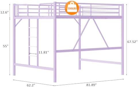 VINGLI Queen Loft Bed with Flat Rungs for Adults, Kids and Young Teens, No Box Spring Required,Heavy Duty Metal Slat Support, Purple