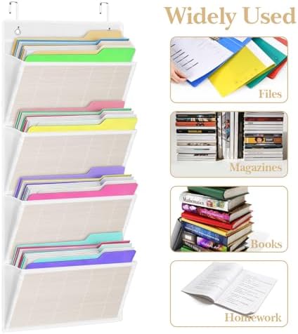 Over the Door File Organizer - Hanging Wall Mounted File Folders Storage with 4 Extra Large Pockets for Home, 0ffice, Classroom, Chart Papers, Files, Letters, Planner, Documents, Magazine Book