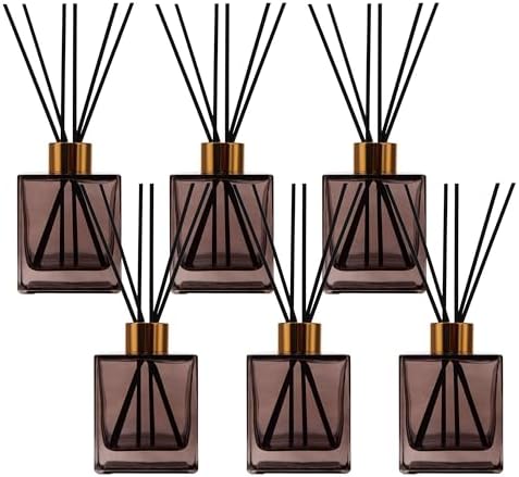 6 Pack Perfume Reed Diffuser Bottle,Empty Square Essential Oil Bottles Glass Jar with Black Sticks for DIY Fragrance Replacement Diffuser Sets (200ml/6.8 oz, Brown Color)