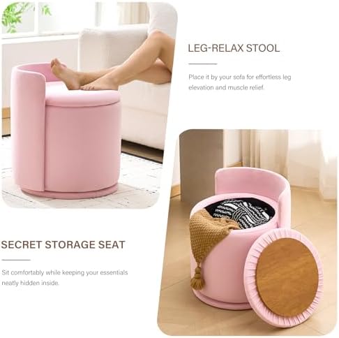 360° Swivel Makeup Chair with Storage, Upholstered Accent Stool with Back, Round Vanity Stool Ottoman for Living Room, Makeup Room, Bedroom (Pink)