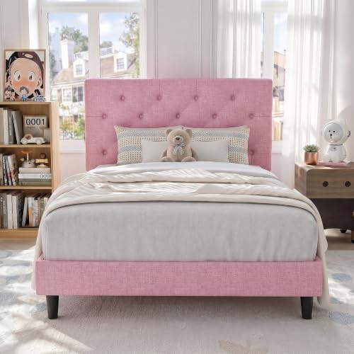 HOMBCK Twin Bed Frame for Kids, Upholstered Platform Bed Frame, Pink