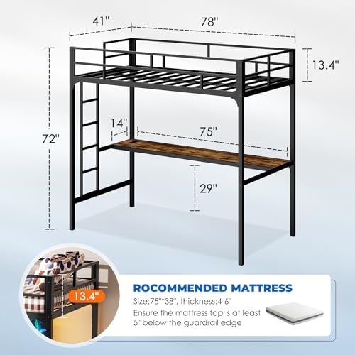 Metal Twin Loft Bed with Desk, Metal Loft Bed Frame with LED Lights and Charging Station, Safety Guardrail and Ladder, No Box Spring Needed, Space-Saving, Noise Free, Black