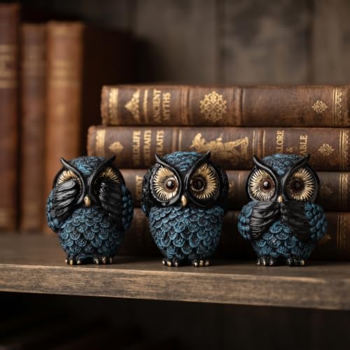 3 Wise Owl Statues Set for Bird Lovers Sapphire Blue Shelf Decor