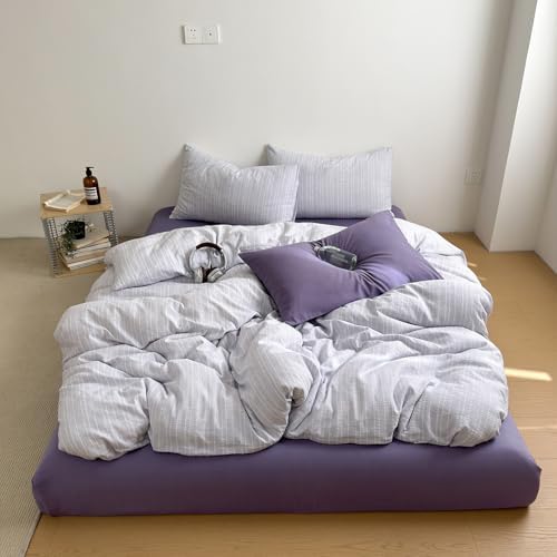 Vintage Lilac Striped Duvet Cover Full 3Pcs Cottage Textured Bedding Set