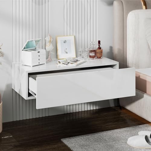 HedoAjim White Modern Floating Wall Mounted Nightstand with Drawer Storage Wood Bedside Table Small Wall Shelf for Bedroom Living Room