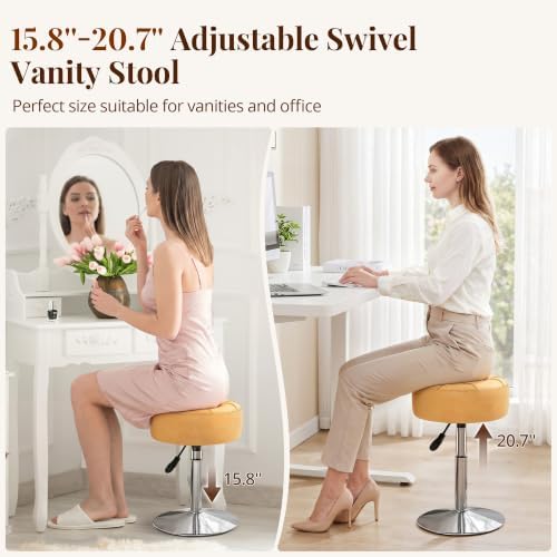 LUE BONA Adjustable Vanity Stool, 360°Swivel Vanity Chair Stool for Makeup Room, Honey Brown Stool Chair for Vanity, Small Velvet Vanity Stool for Bathroom, Living Room