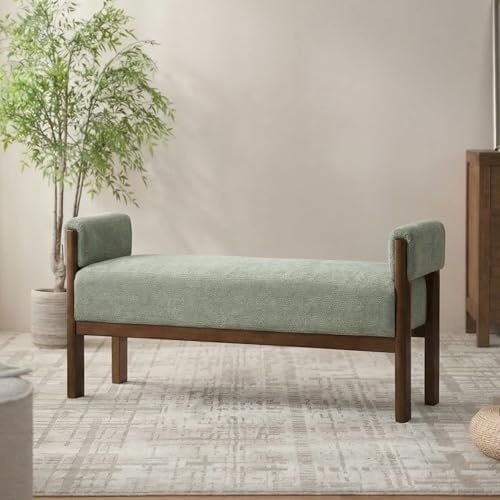 VKNOW End of Bed Bench Upholstered Bedroom Bench with Arms, Light Green